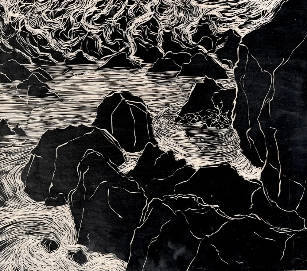 Illustration of a rocky river flowing through a canyon with trees and mountain outlines in the background.