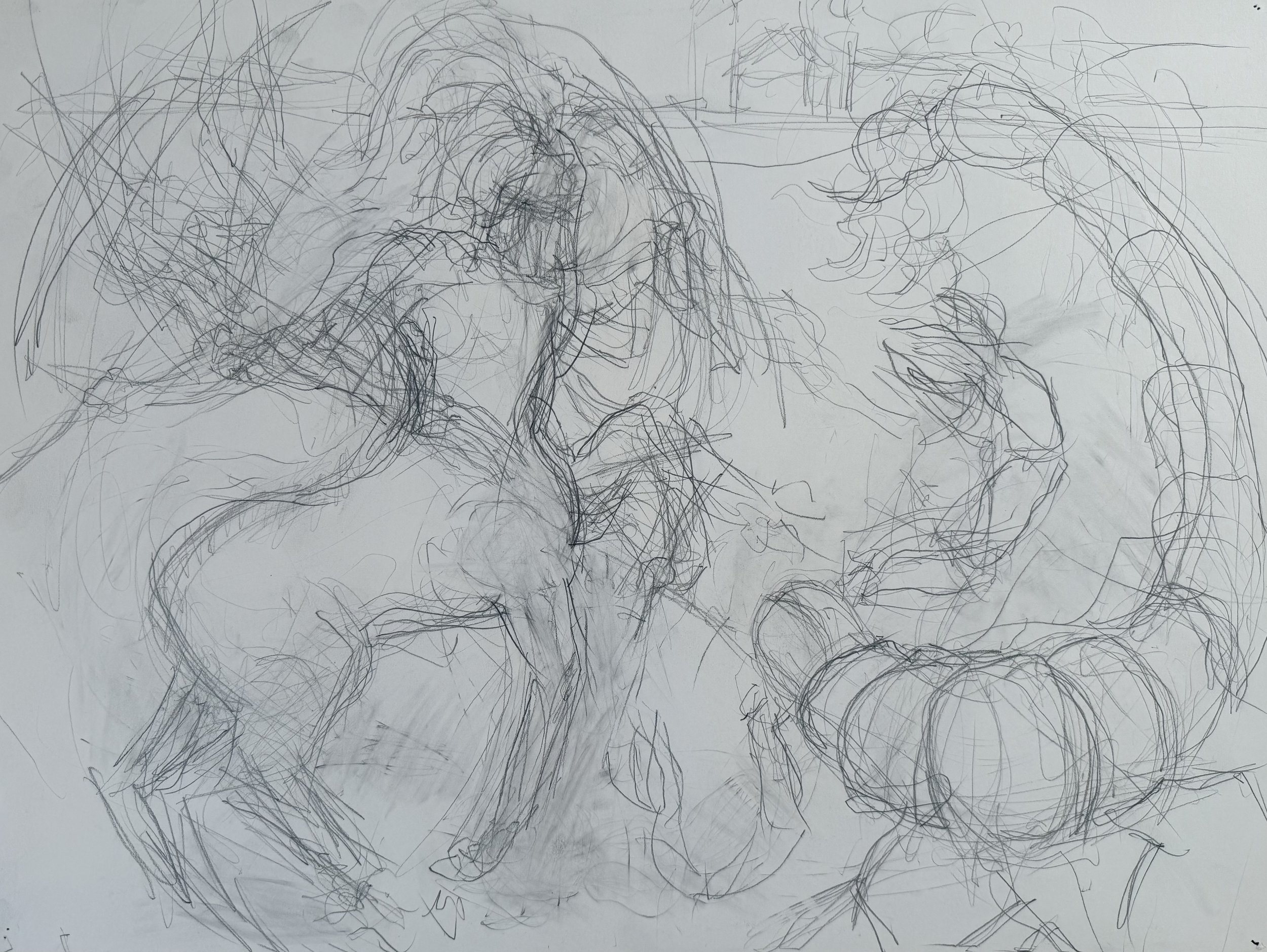 Sketch of a person sitting in a chair surrounded by pumpkins and decorative objects.