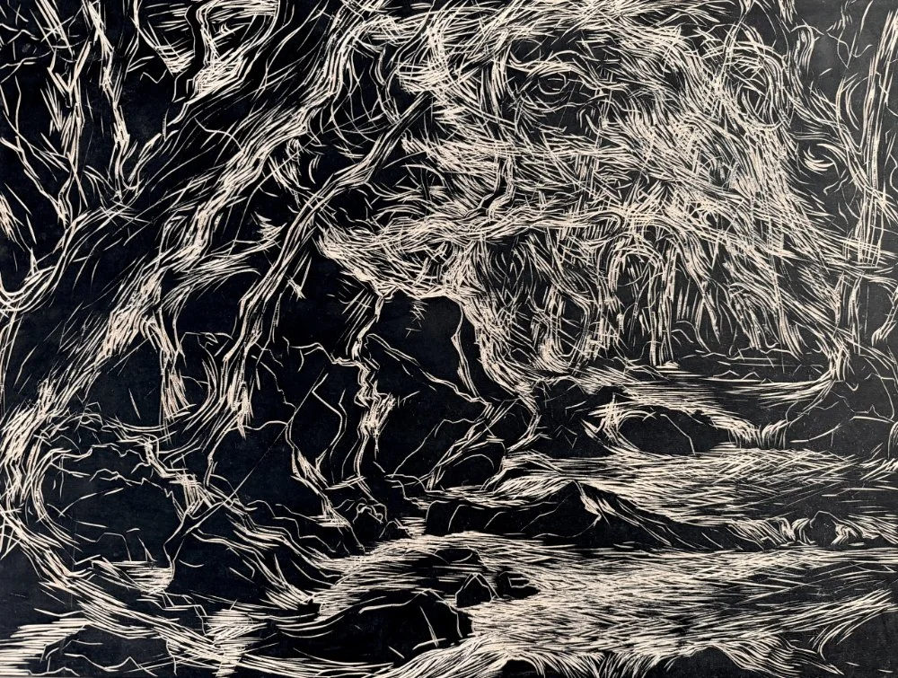 Black and white abstract line art of a forest landscape with trees, rocks, and flowing water.