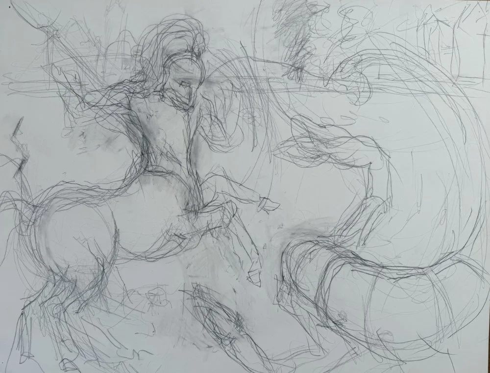 A rough sketch of a horse and a person, likely a rider, drawn with multiple overlapping lines.
