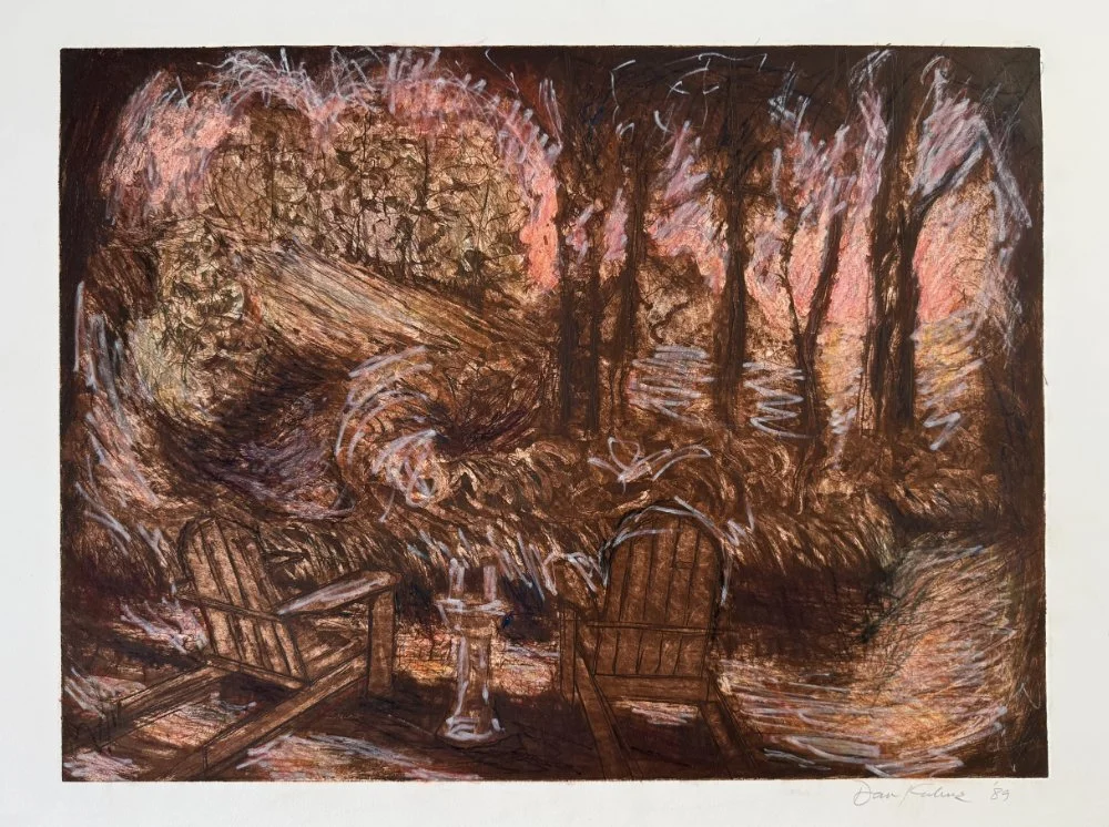 A painting of an outdoor scene featuring a group of trees with pink and orange foliage, and several empty wooden chairs arranged around a small table. The scene appears to be in a natural setting, possibly a backyard or park, with a dark background and expressive, loose brushstrokes.