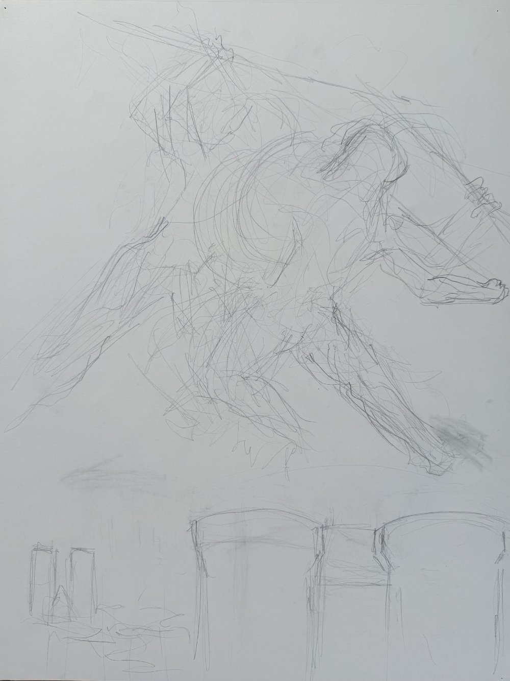 A rough pencil sketch of a human figure in a reclining pose, with faint outlines of chairs at the bottom.