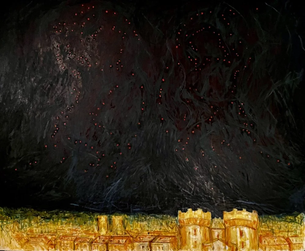 A painting depicting a dark night sky filled with red stars above a landscape with yellow buildings and towers.