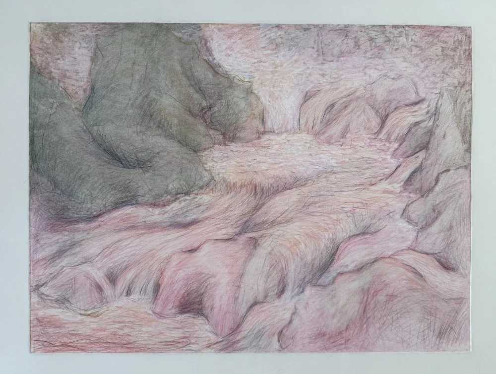 Colorful abstract landscape drawing with a mix of pink, gray, and subtle blue tones.