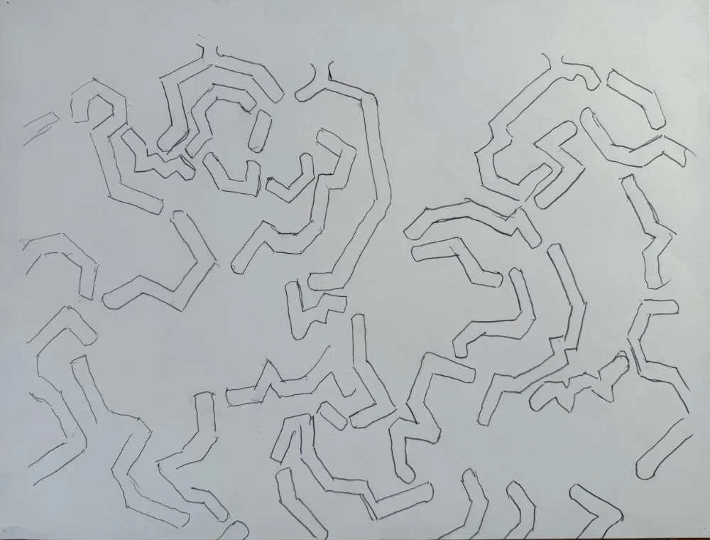 Abstract hand-drawn maze pattern on white paper with black pen lines.