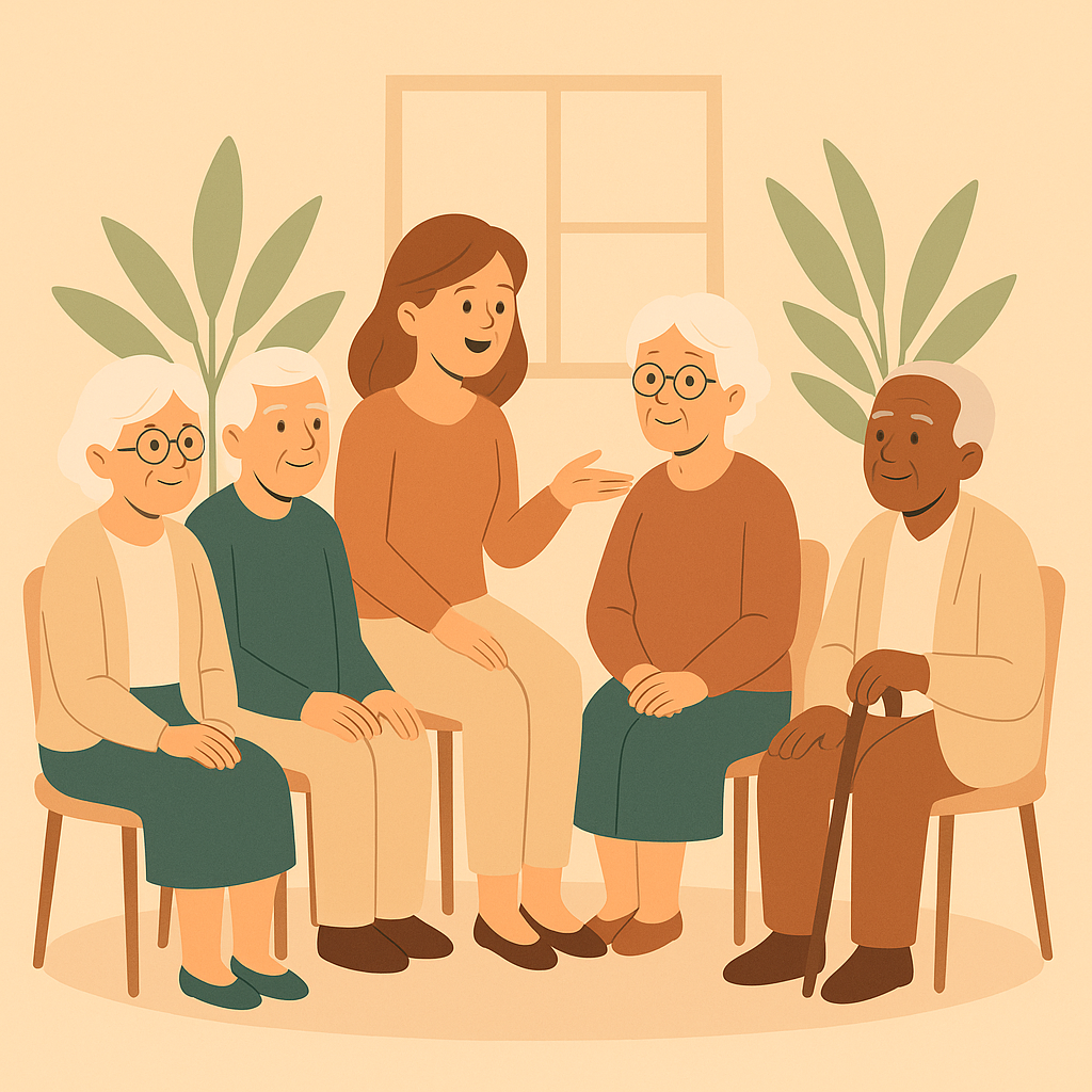 Une femme discute avec quatre personnes âgées, deux femmes et deux hommes, assis dans une pièce avec des plantes vertes et une fenêtre en arrière-plan.