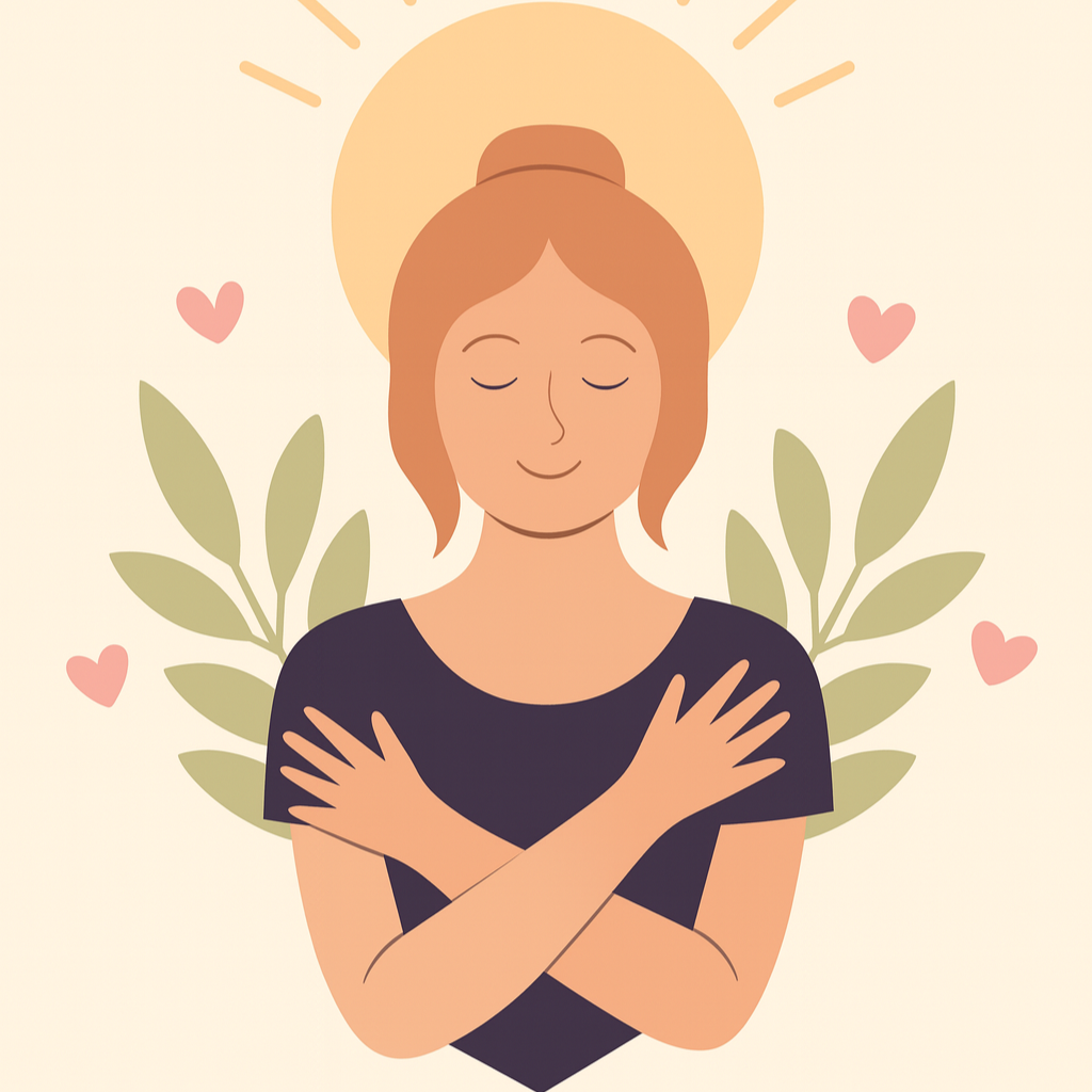 Illustration d'une femme avec une auréole, souriant et les bras croisés sur sa poitrine, entourée de feuilles vertes et de petits cœurs roses.