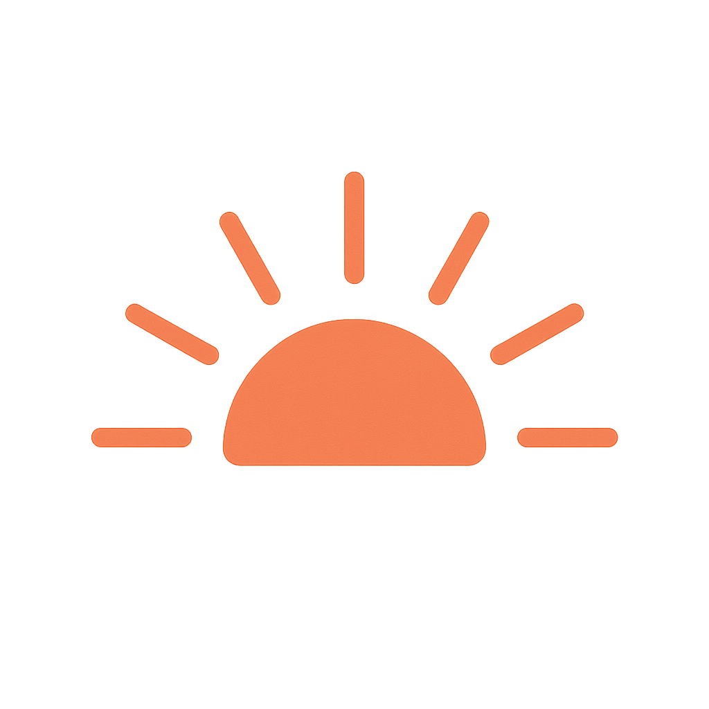 Icône stylisée d'un soleil levant avec des rayons orange
