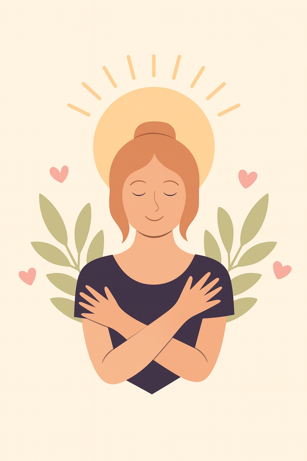 Illustration d'une femme souriante avec un halo derrière la tête, entourée de feuilles vertes et de petits cœurs roses, exprimant la paix et l'amour. Femme vie positive, positivité