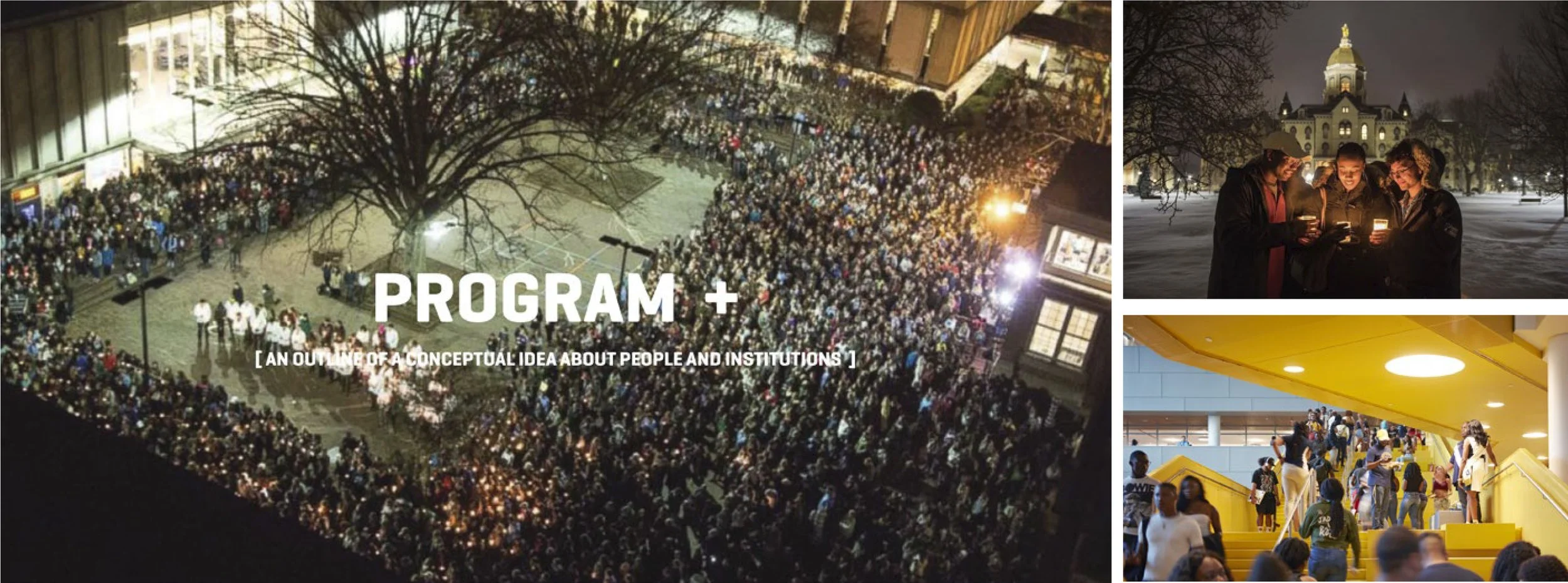 collage of three images. The larger left image shows a large crowd of people gathered outdoors at night, with a tree in the center. The top right image shows three people standing outdoors in the snow at night, looking at their phones, with a large building in the background. The bottom right image shows people walking up yellow stairs inside a modern building with large windows.