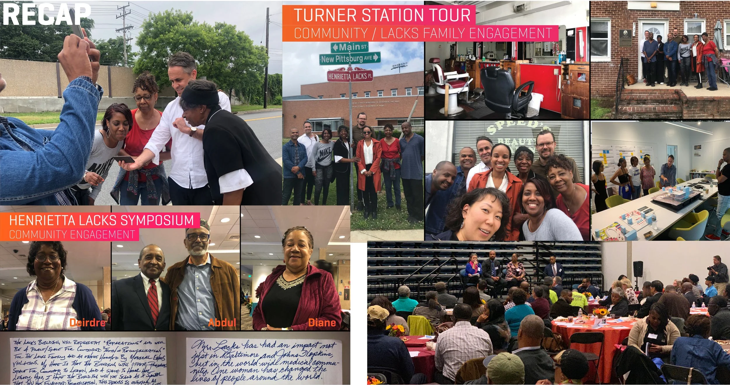 A collage of photos from a community event called Turner Station Tour and Henrietta Lacks Symposium, showing groups of people engaging in outdoor and indoor activities, with some historical street signs, and a conference room with a panel discussion.