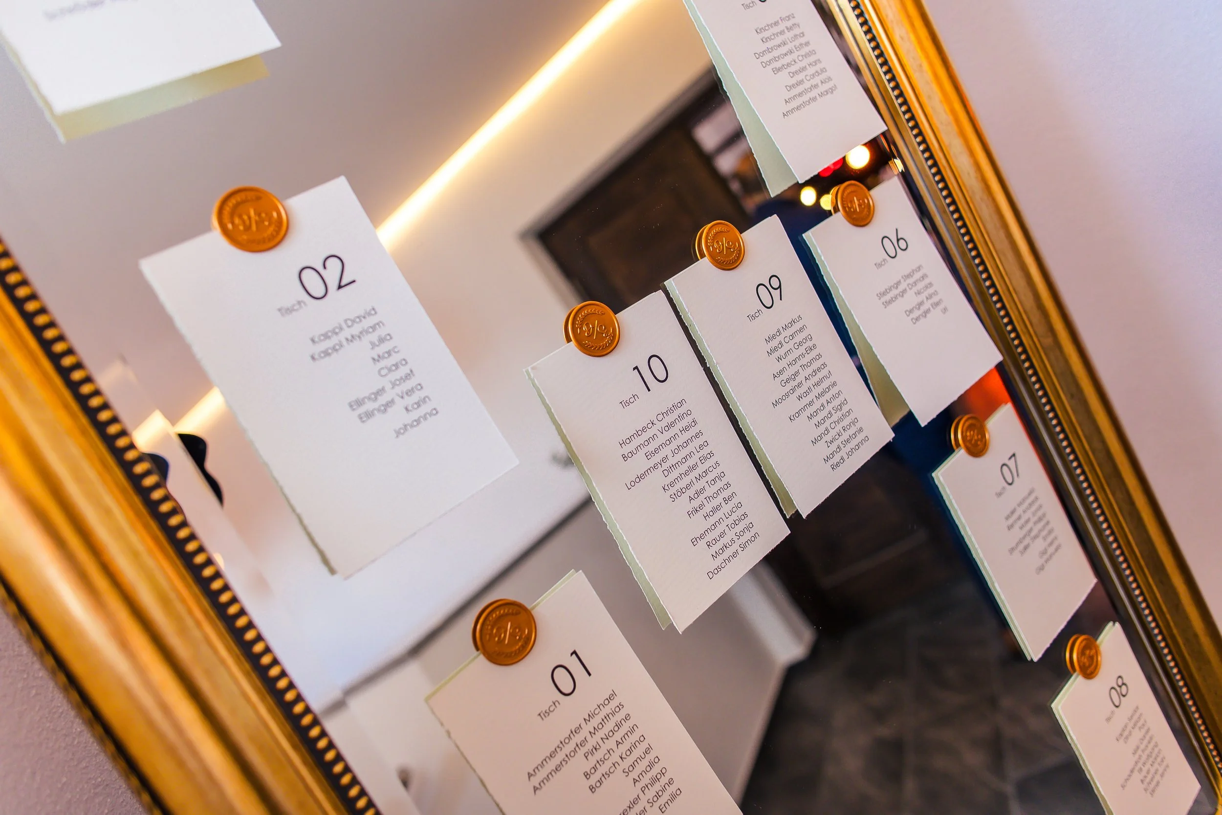 Ein schwarzer Rahmen mit weißen Papieren, die nummeriert sind und zum Teil Namen enthalten, mit goldfarbenen Wachsmarkierungen. Im Hintergrund ein dunkler Raum.