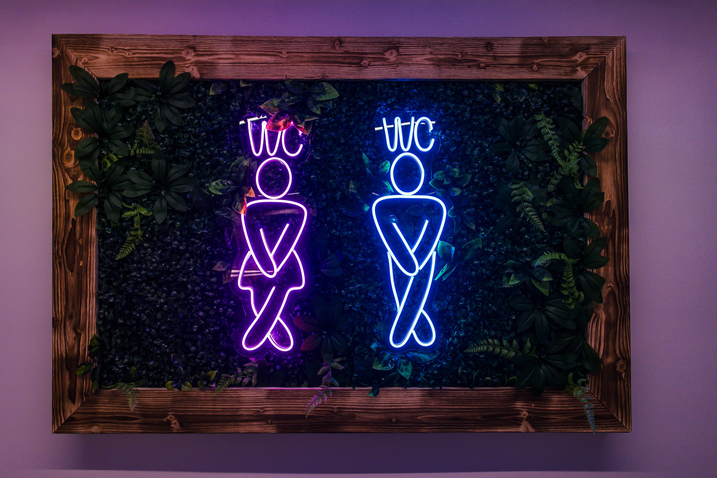 Liebevoll gestaltete Wanddekoration mit zwei Neonlichtern, die Figuren darstellen, eingeschlossen in einem Holzrahmen mit grünen Blättern im Hintergrund.