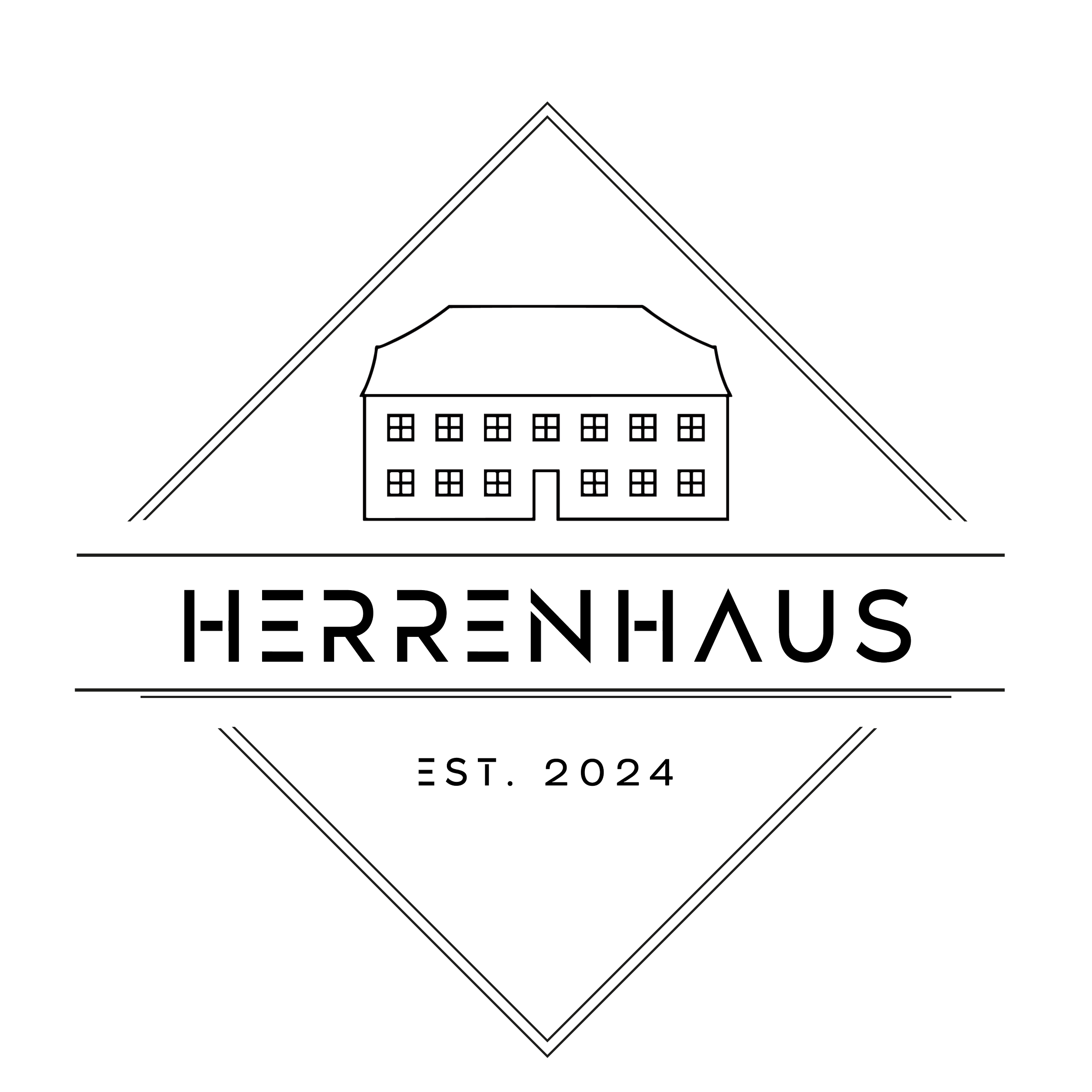 Schriftzug 'Herrenhaus' mit Haus-Illustration, Uhr, und 'Est. 2024' auf schwarzem Hintergrund.