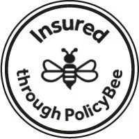 A circular seal with the words 'Insured through PolicyBee' surrounding a bee icon.