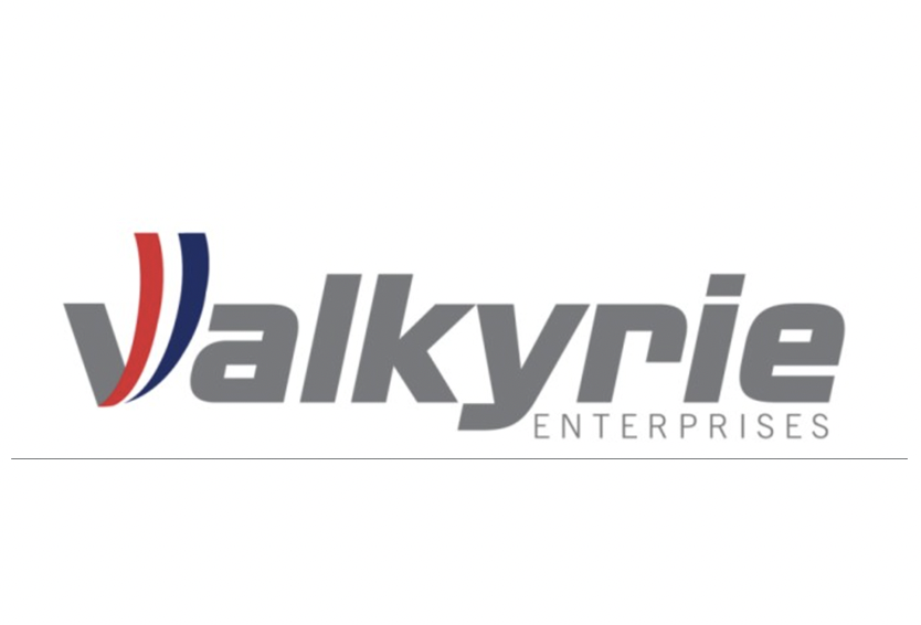 Logo for Valkyrie Enterprises with stylized red and blue stripes resembling a Valkyrie helmet crest above the company name in gray text.