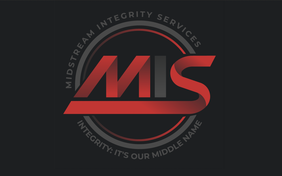 Centered logo with the letters 'MIS' in red and black, surrounded by a circular text that reads 'Midstream Integrity Services' at the top and 'Integrity: It's Our Middle Name' at the bottom, on a dark background.