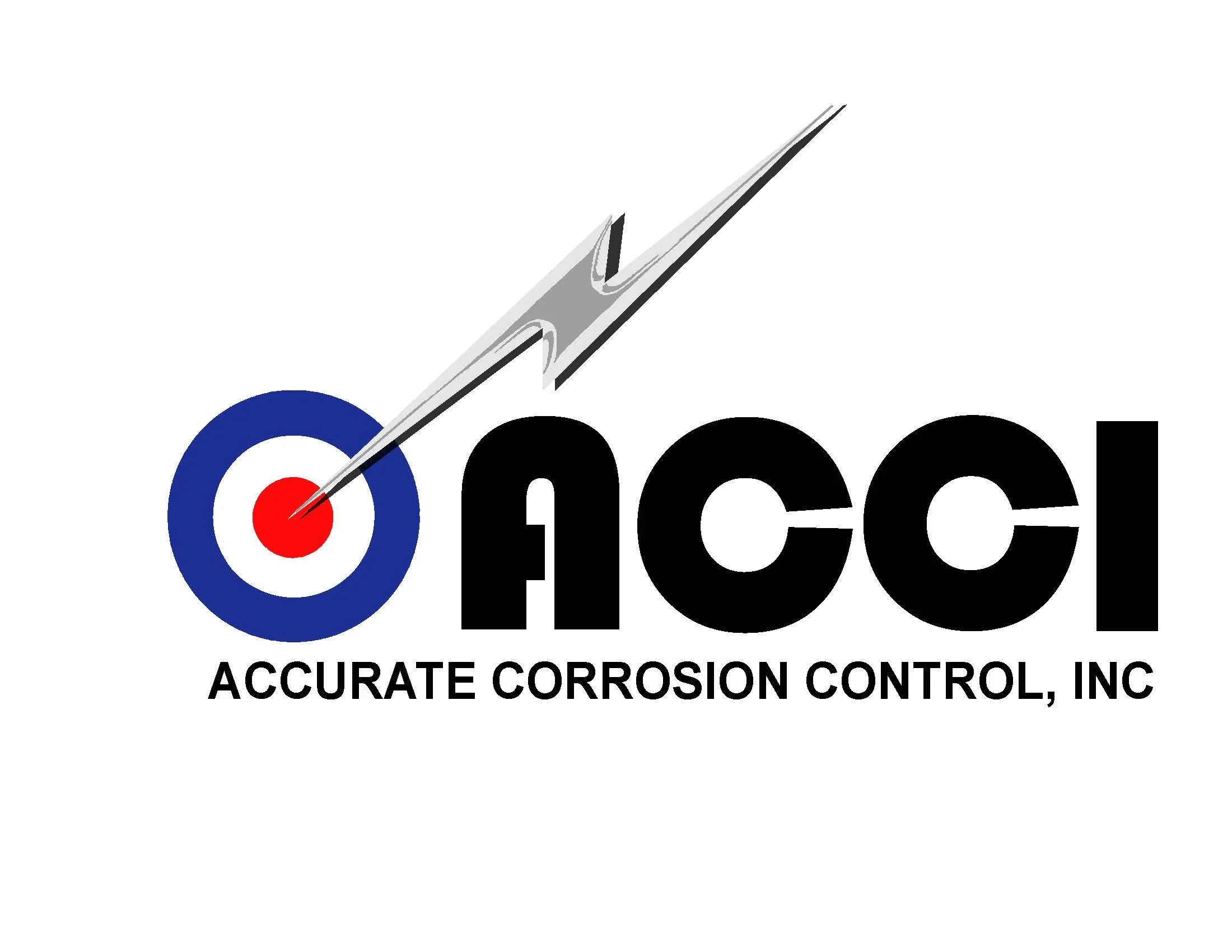 Logo for Accurate Corrosion Control, Inc., featuring target symbol with a red center, blue outer ring, and a silver arrow piercing through the logo.