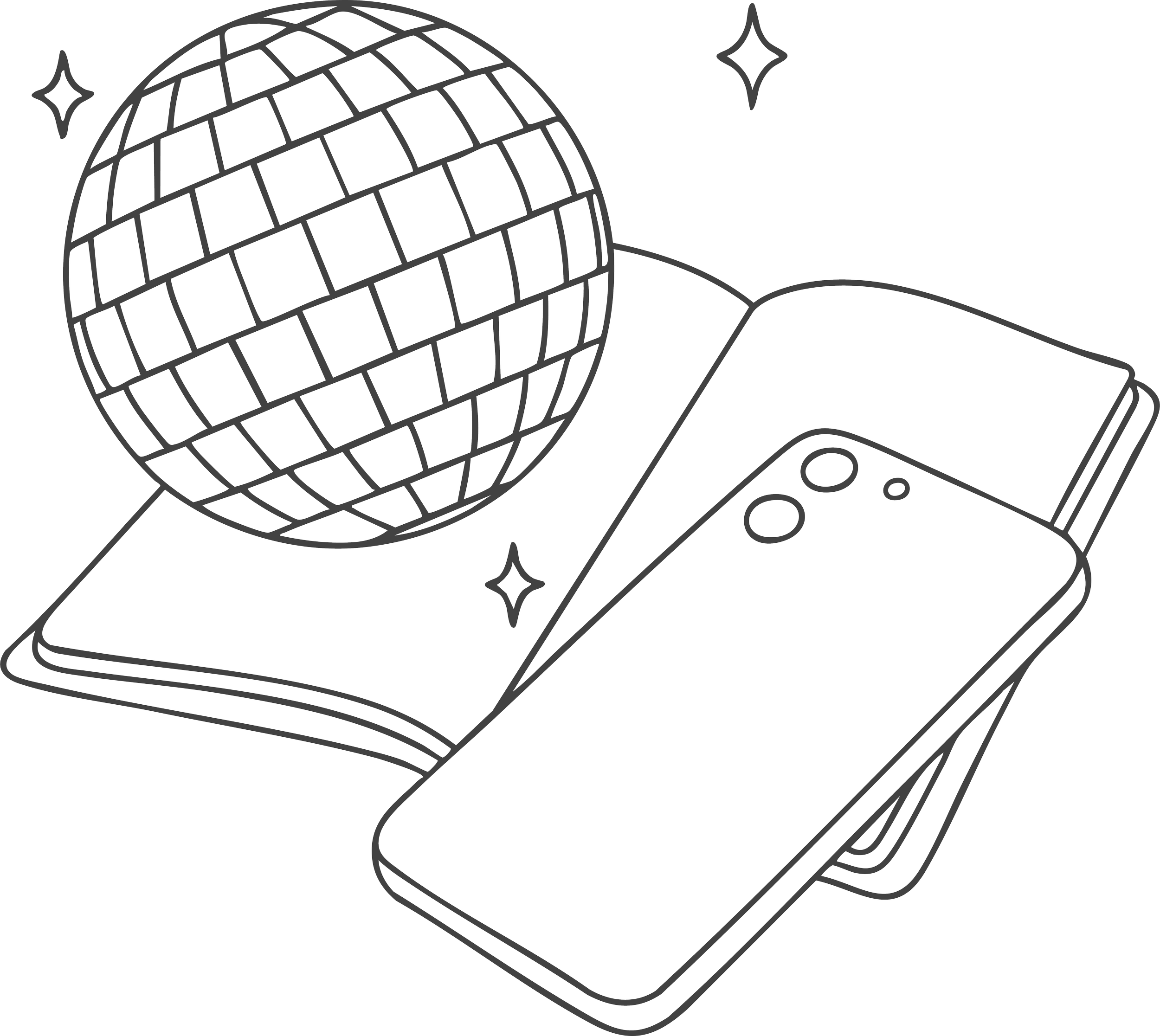 a hand drawn brand illustration of a mirrorball, notebook, and phone for dot creative