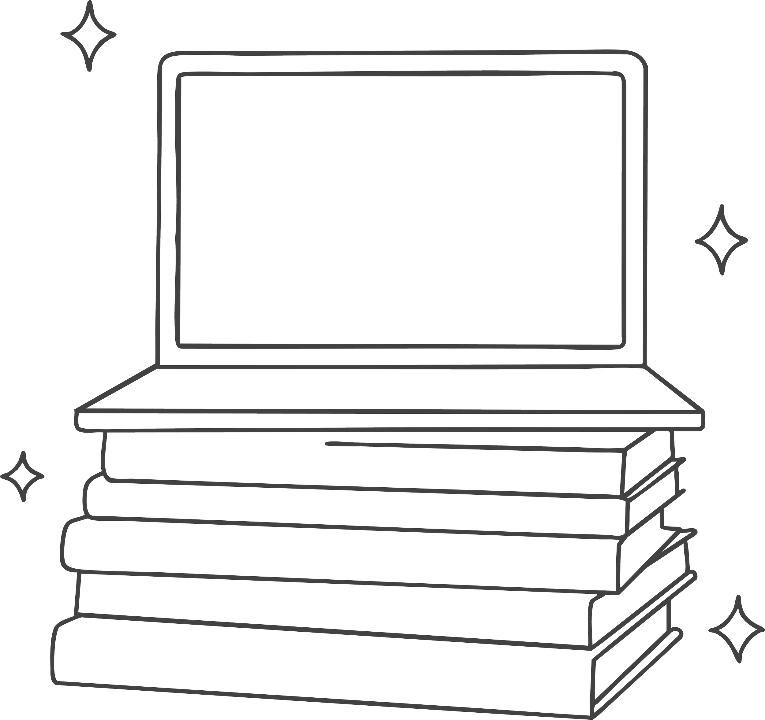 hand drawn brand illustration for a social media management agency of a laptop sitting on top of a stack of books