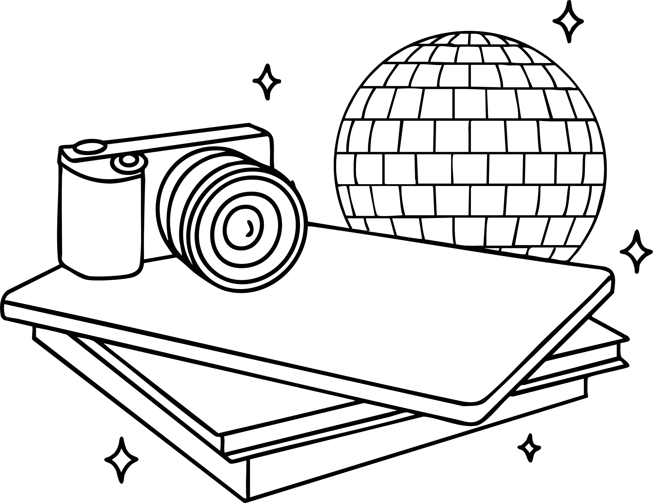 a hand drawn brand illustration of a social media managers camera, books, and mirrorballs