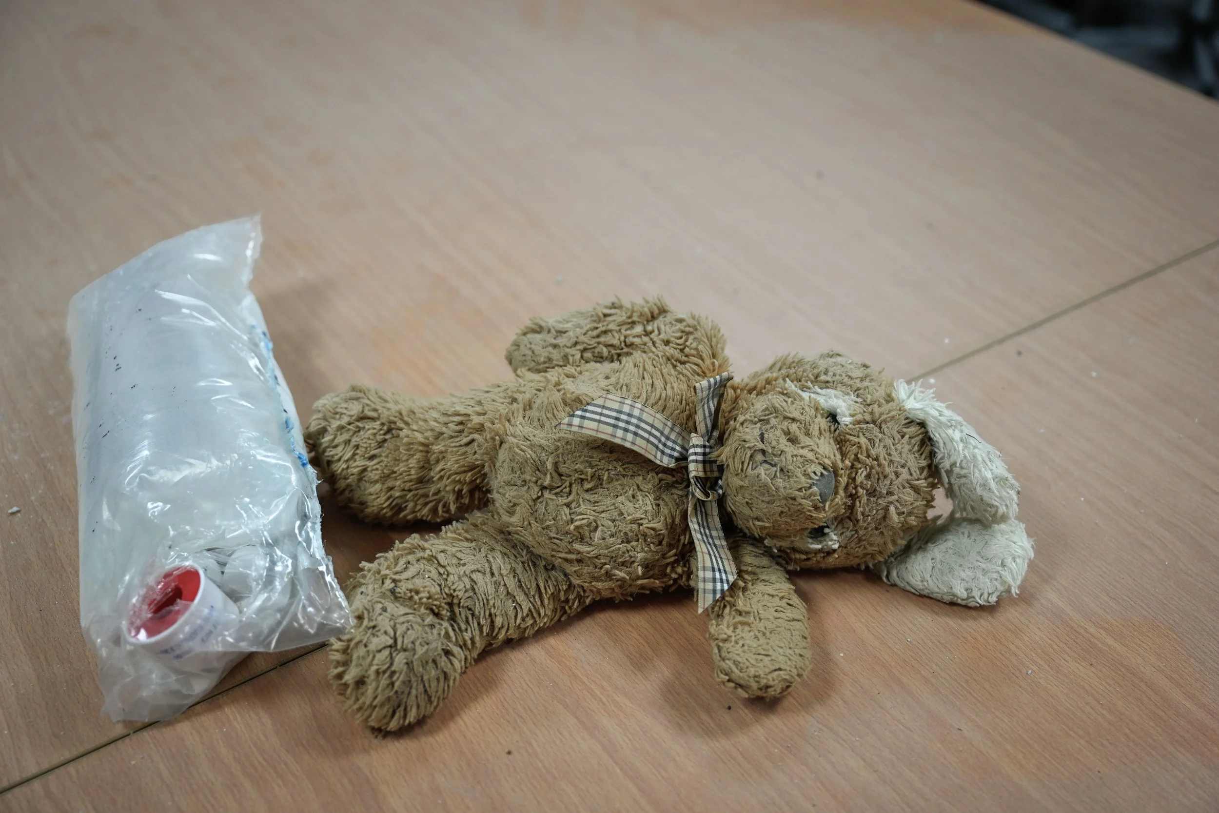 Ein zerfetzter Plüschhund liegt auf einem Holztisch neben einer transparenten Plastiktüte.