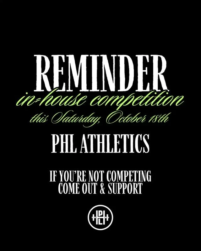 📣 Friendly Reminder!
Our in-house competition is happening this Saturday, October 18th at 9AM. Doors will open at 8:15 AM for check-in and warm up.
Don’t forget to bring your gear, plenty of energy, and your best competitive spirit! Whether