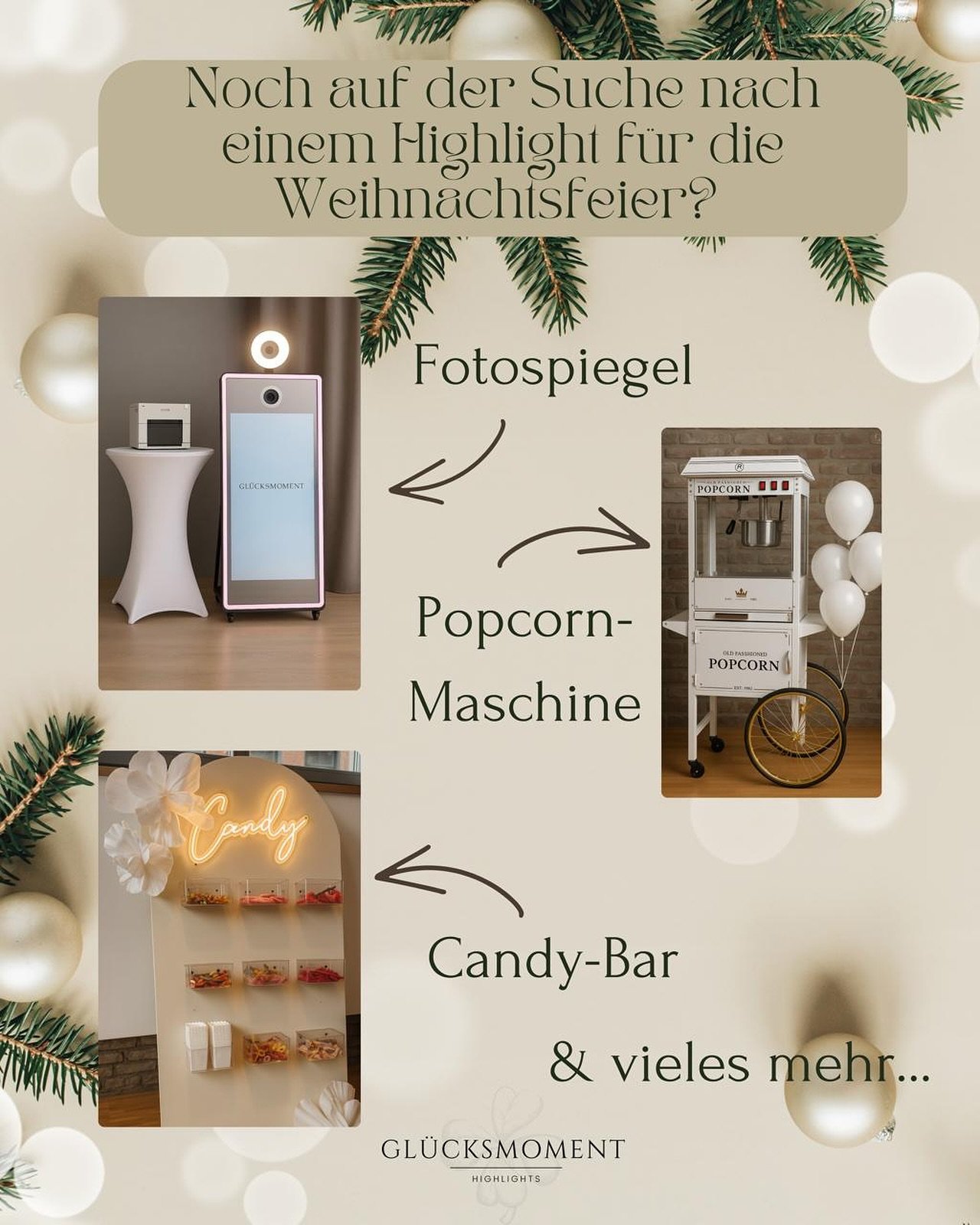 Christmas Party is calling ✨ 🎄 
Die Planung eurer Weihnachtsfeier l&auml;uft? Dann fehlt nur noch das gewisse Etwas, das alle begeistert! 🎅

Wir bringen die Highlights f&uuml;r euer Firmenevent:

📸 Selfie Mirror &ndash; das interaktive Foto-Erlebn