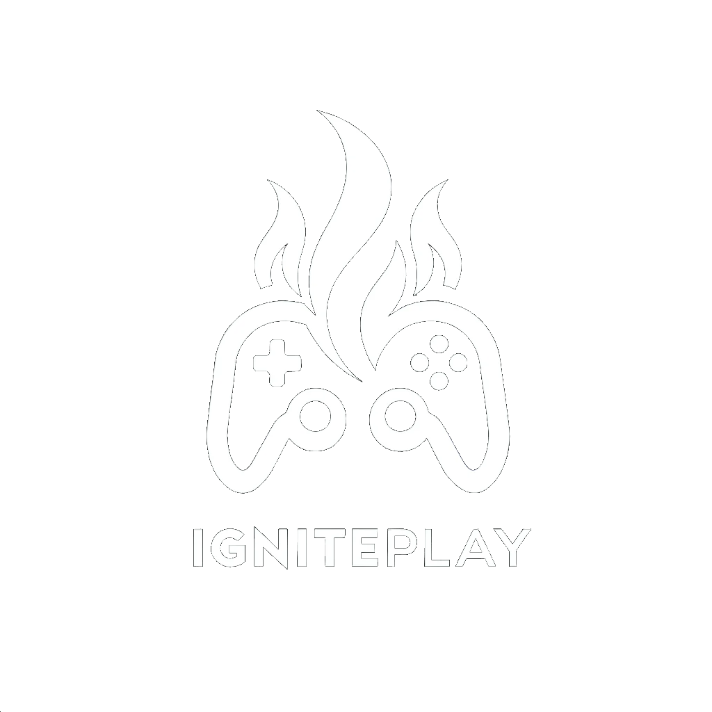 Logo blanc d'une manette de jeu avec de la fumée s'élevant de dessus et le texte "IGNITEPLAY" en dessous, sur un fond noir.