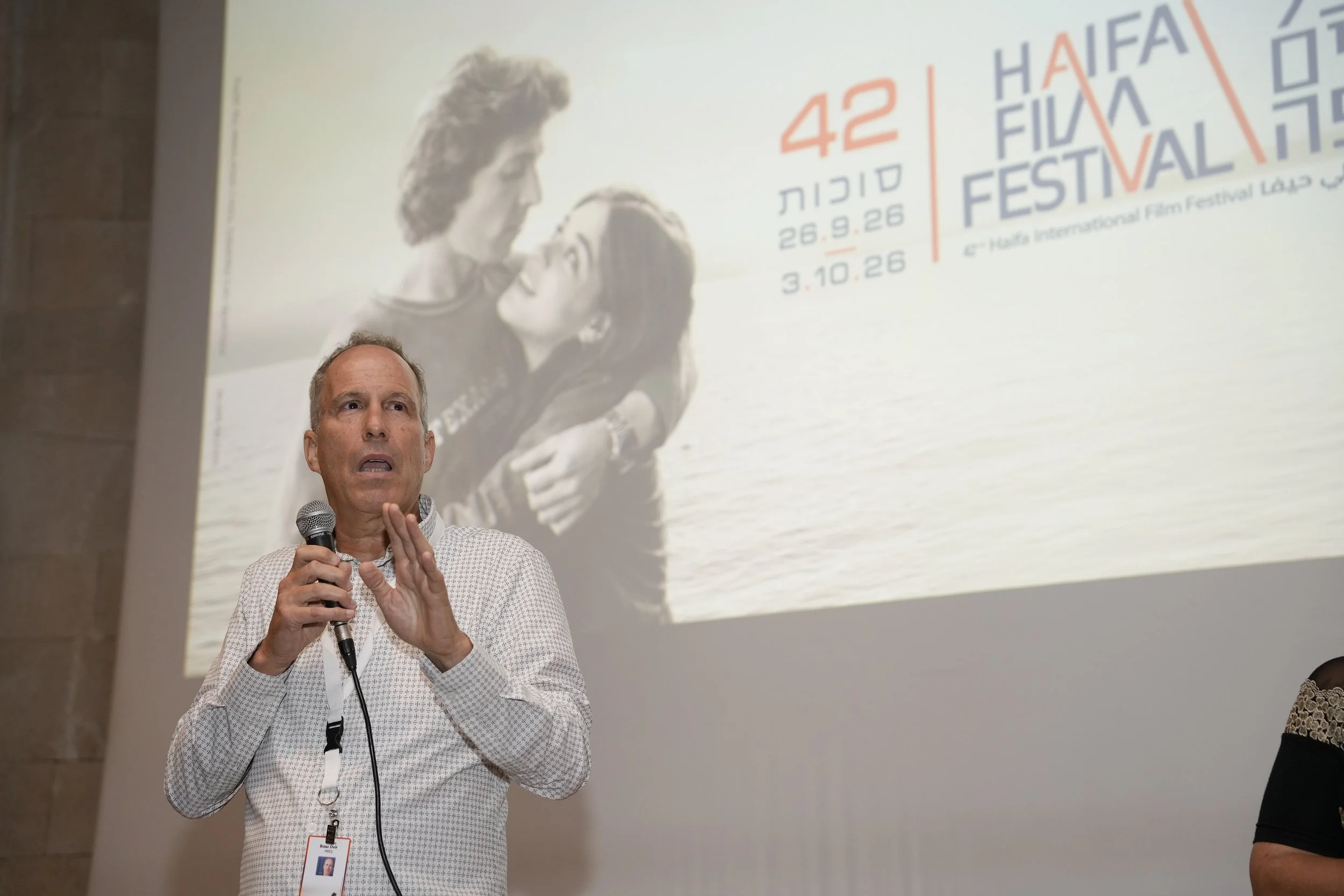 Boaz Dvir answers questions at the Haifa Film Festival