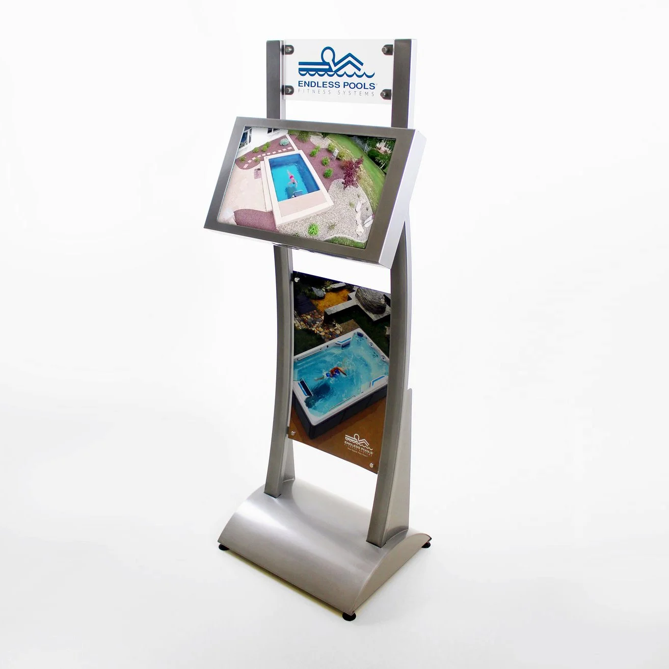Display stand with images of swimming pools and the Endless Pools logo