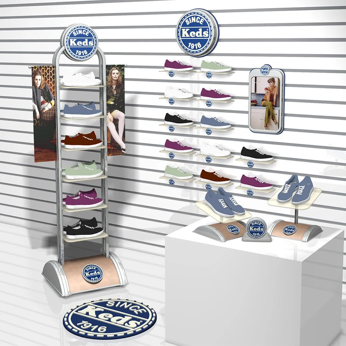 Display of various colored sneakers on shelves and a small table with more sneakers in a retail store, with branding signs reading 'Since Keds 1916'.