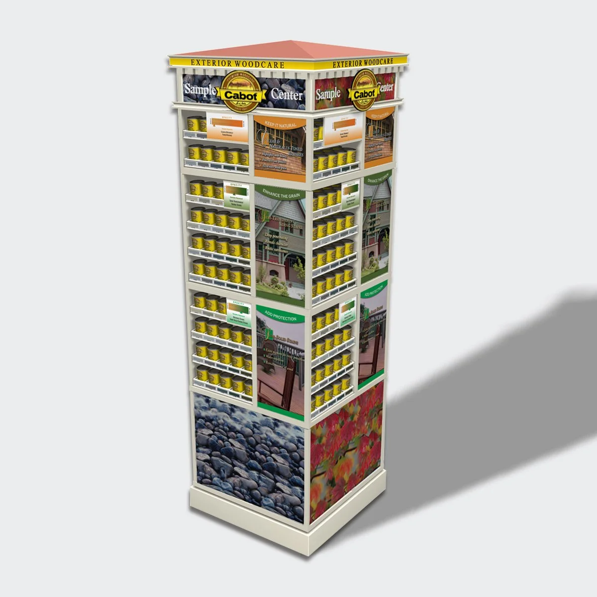 A tall display stand for Cabot exterior woodcare products, featuring several shelves with yellow cans, promotional graphics, and branding for wood preservation and protection.