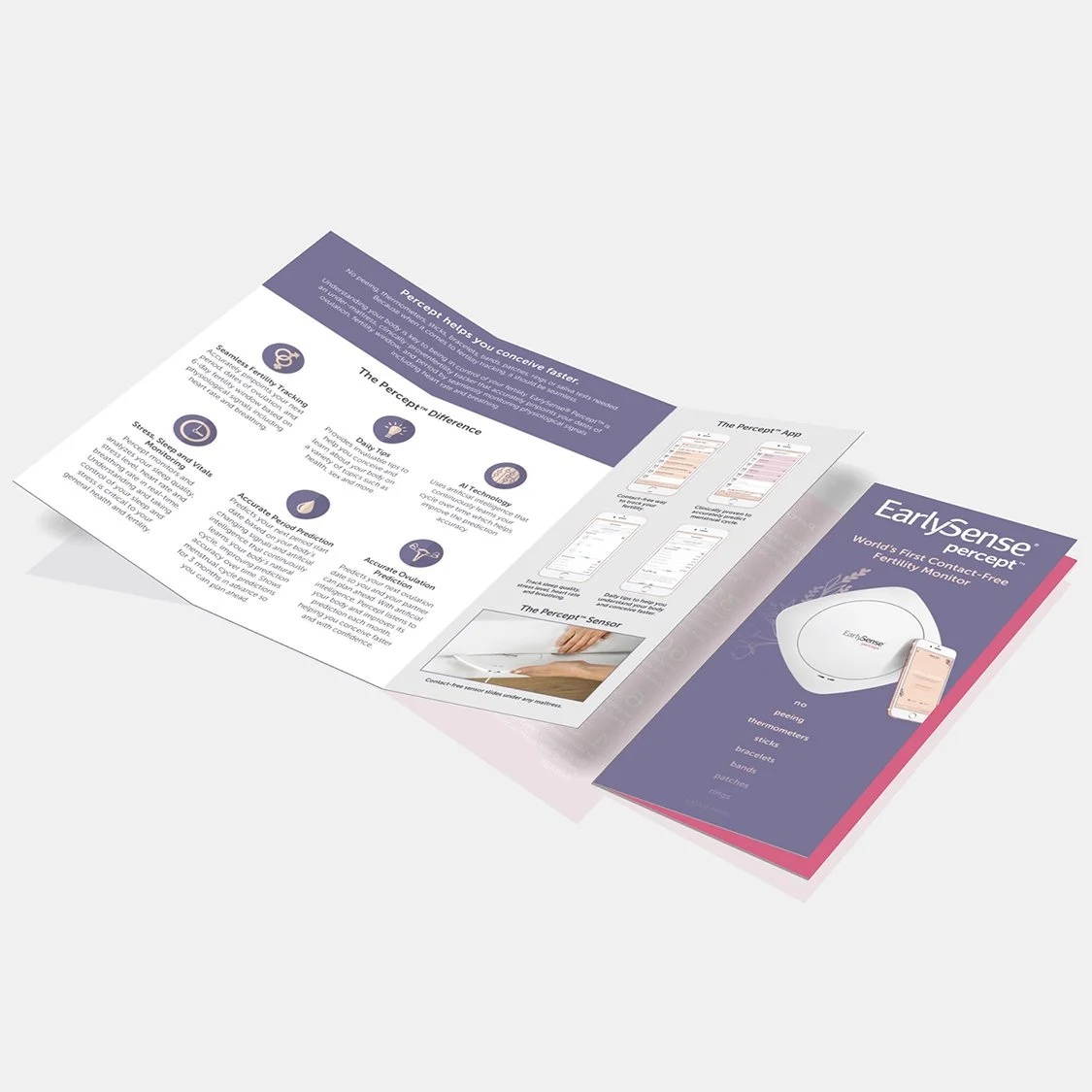 A folded brochure and a product box for EarlySense perceive, a fertility monitor device, with pamphlet details about its features, app compatibility, sensor, and benefits shown.