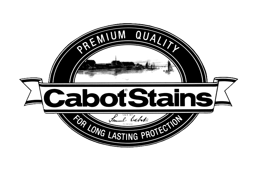 Logo for Cabot Stains featuring a circular design with the text 'Premium Quality' at the top and 'For Long Lasting Protection' at the bottom, a skyline illustration in the center, and 'Cabot Stains' prominently displayed across a banner.