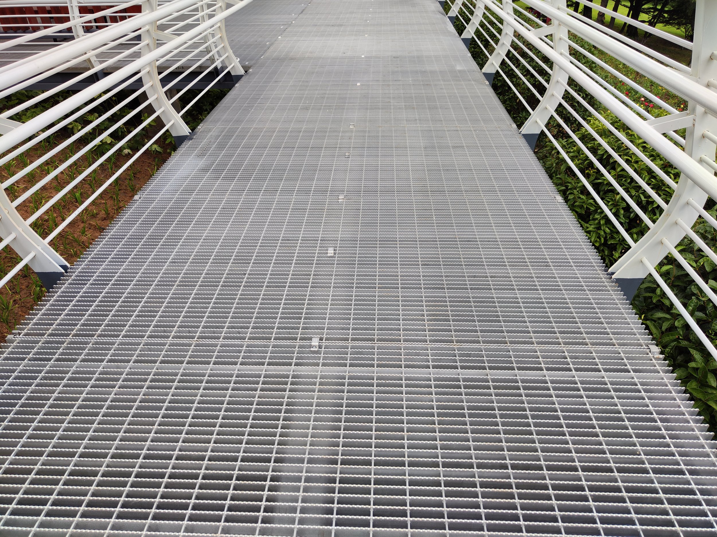 Metal walkway with white railings on both sides, surrounded by green plants and soil underneath.