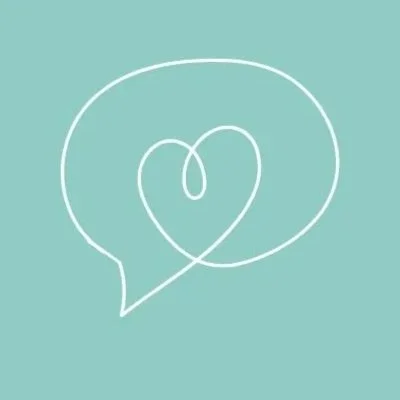 Two overlapping speech bubbles, one with a heart-shaped line inside, drawn with a continuous white line on a teal background.