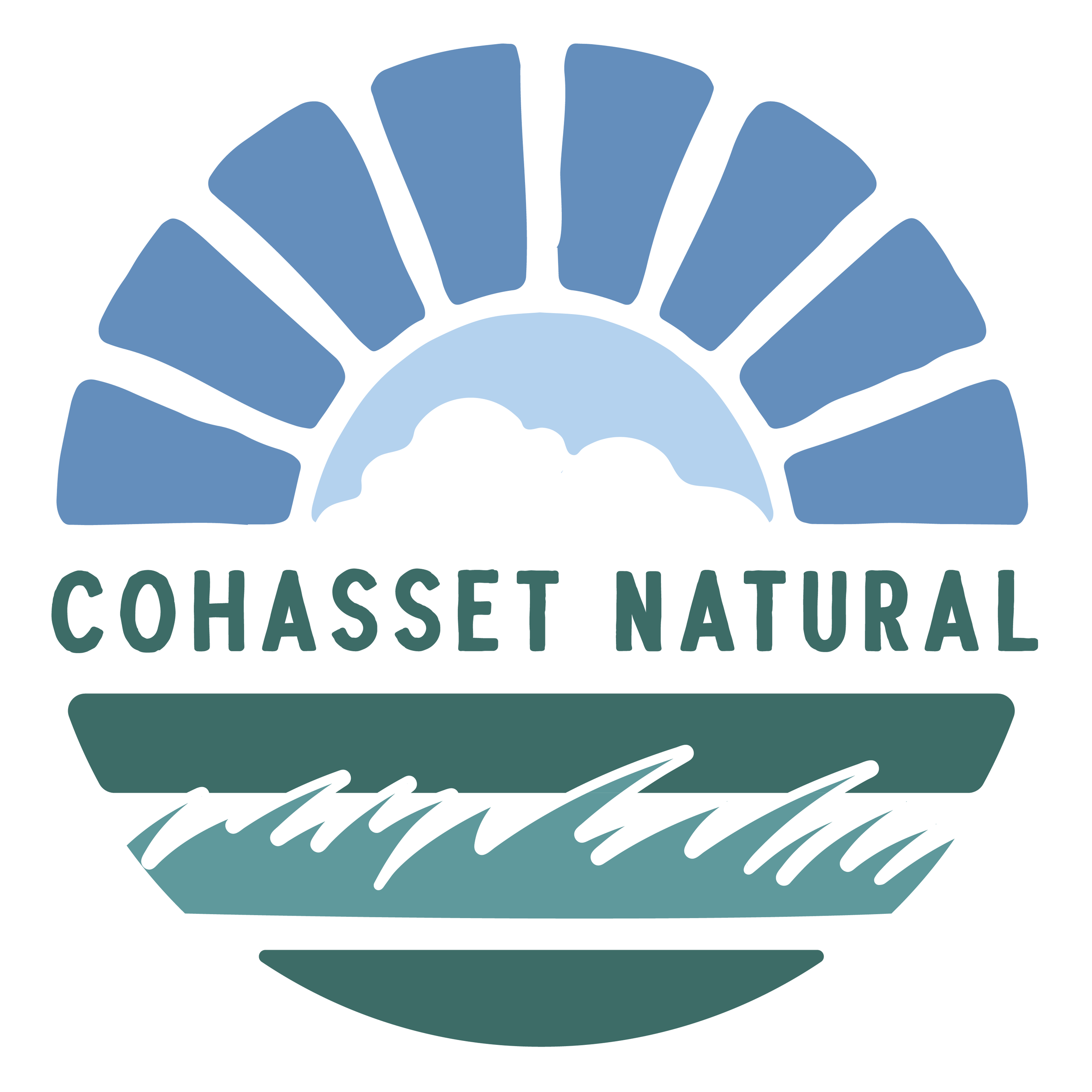 Logo for Cohasset Natural featuring a stylized landscape with a mountain, clouds, and grass, with the text 'Cohasset Natural' beneath.