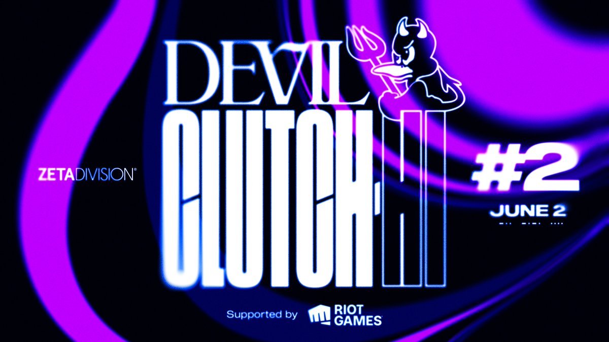 Event poster for 'Devil in Gloves 2' featuring a devil cartoon holding a trident, with dates June 2, and sponsored by Riot Games, with neon purple and blue swirling background.
