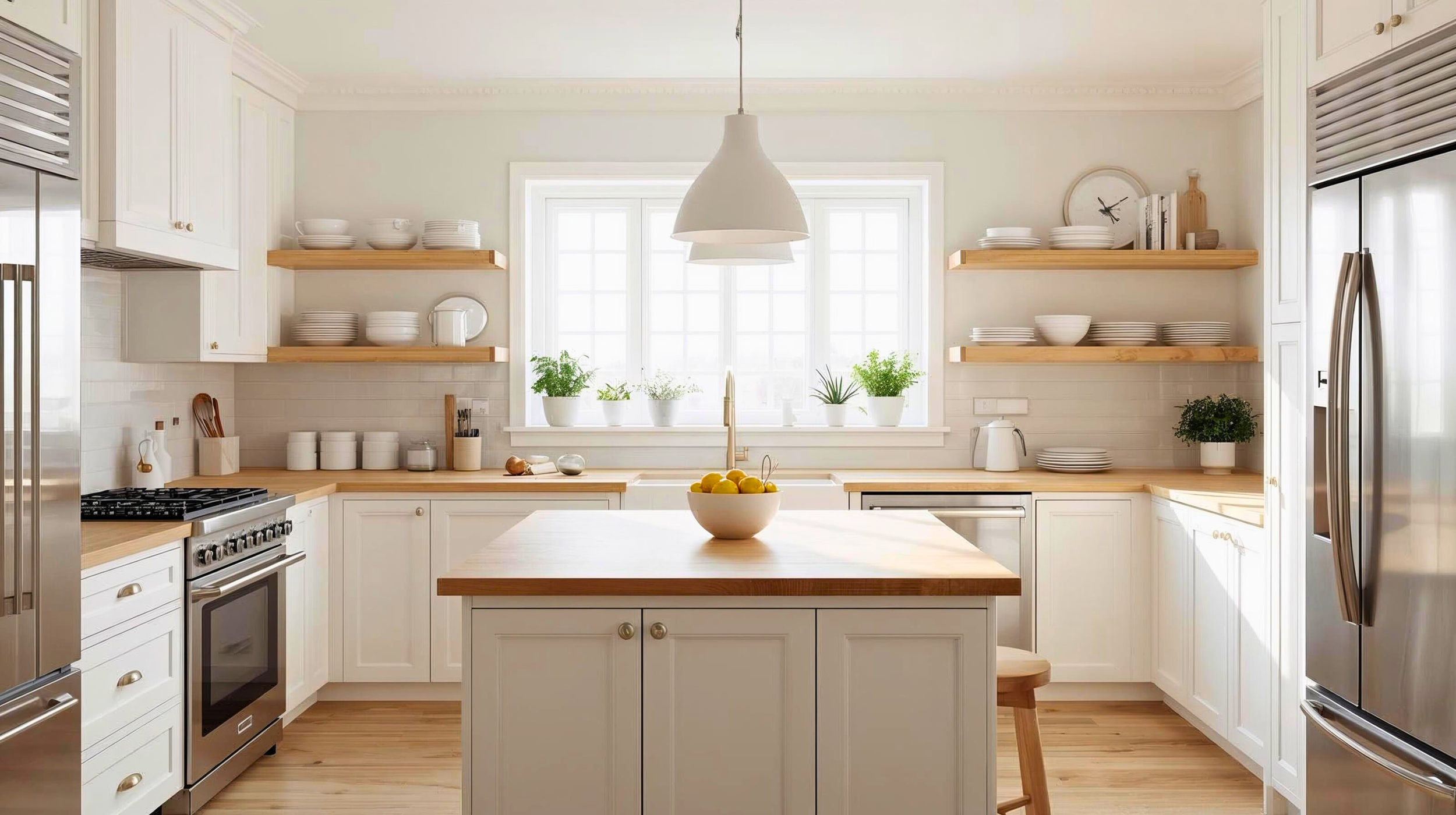 Bright and airy kitchen with white cabinets, wooden countertops, and open shelves | Home Organizing and Life Coaching | Household Stewardship LLC