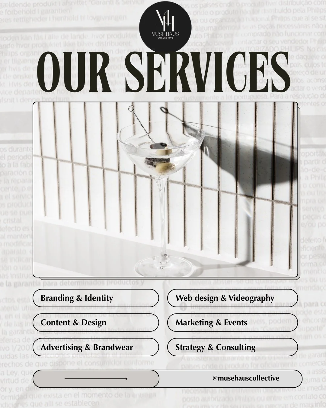 A promotional flyer for Muse Haus Collective displaying their services with a background image of a martini glass with two olives, sitting against a tiled wall, casting a shadow.