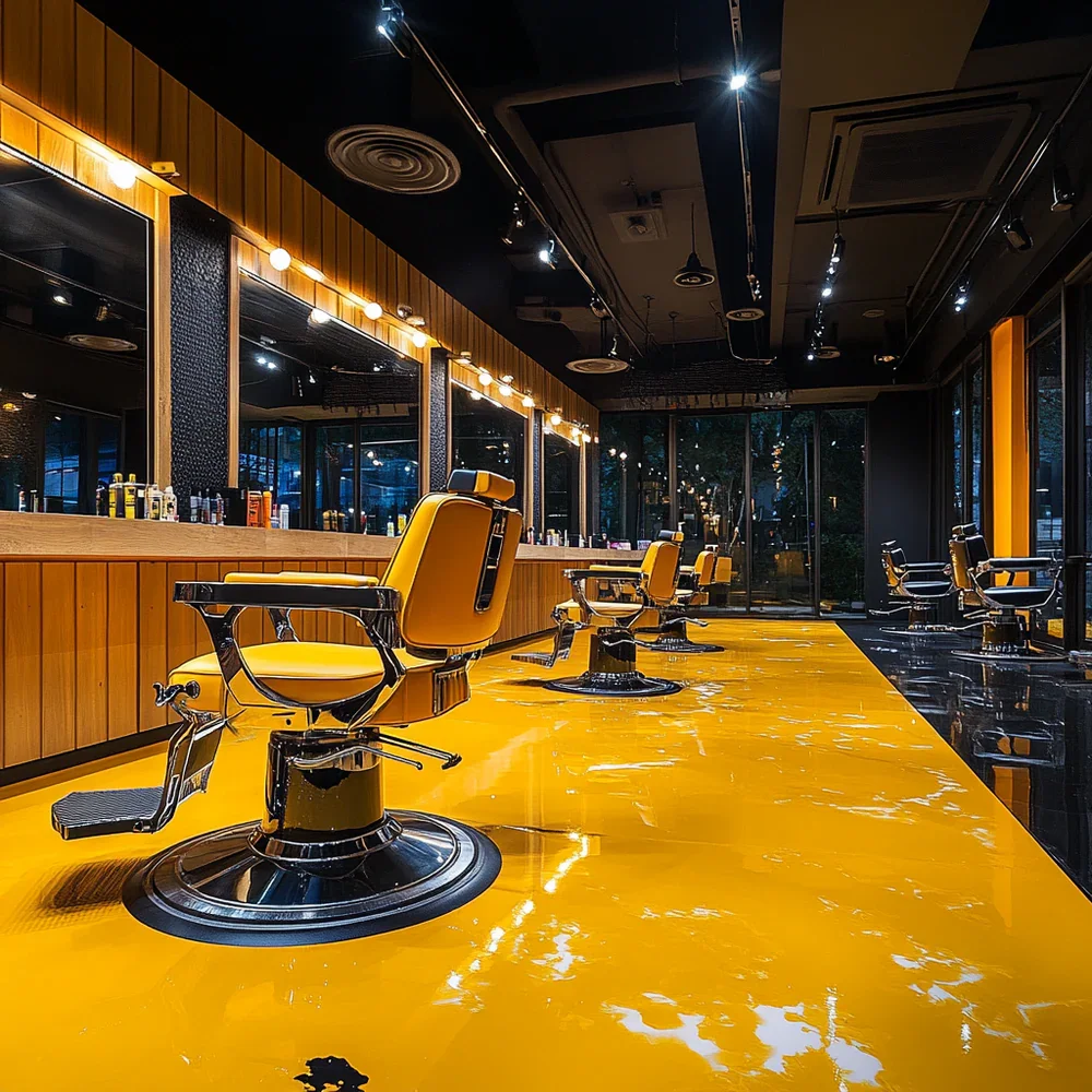 Salon de coiffure avec un plancher en époxy métallique, jaune et noir.