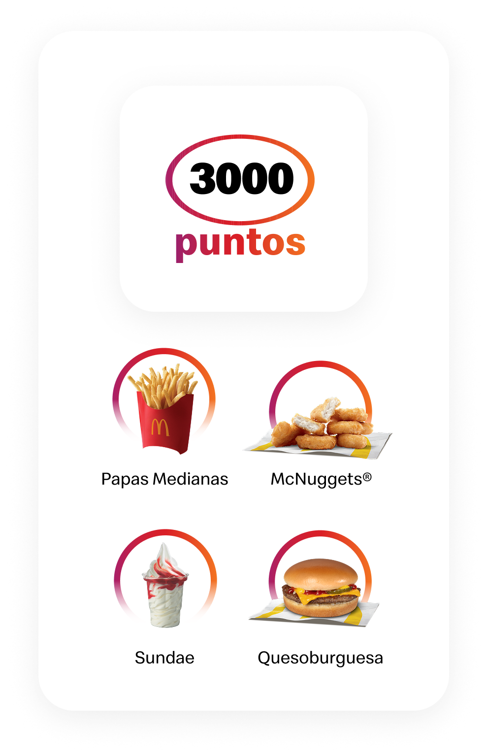 A reward points screen showing 3000 points and four food items: medium fries, chicken nuggets, a sundae, and a cheeseburger.