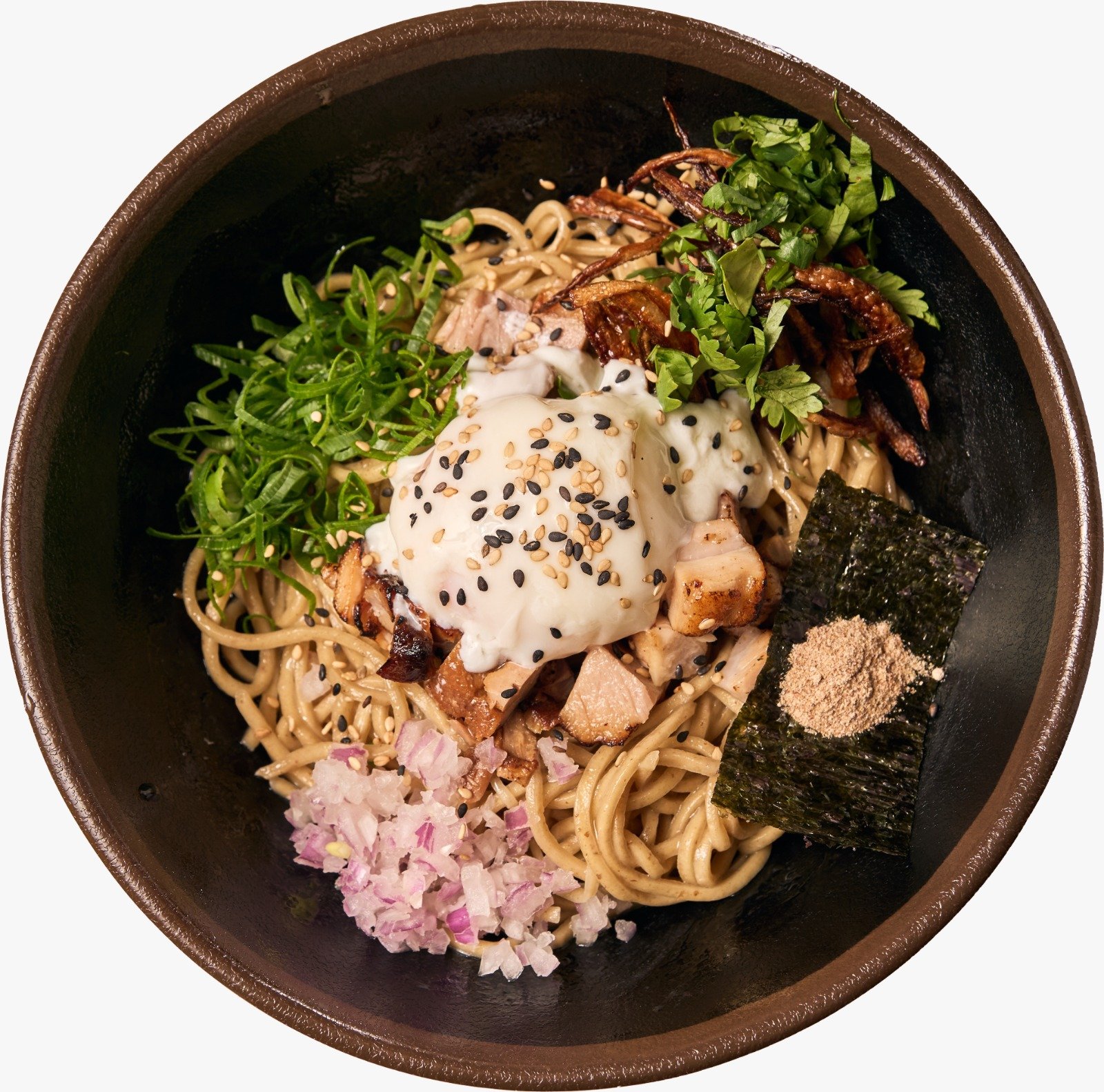 Prato de macarrão com porção de ovo, cebolinha, gengibre, nori, sementes de gergelim, e cebola roxa, servido em uma tigela escura.