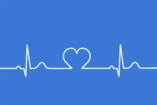 Blue background with a white electrocardiogram line, with a heart shape in the center.