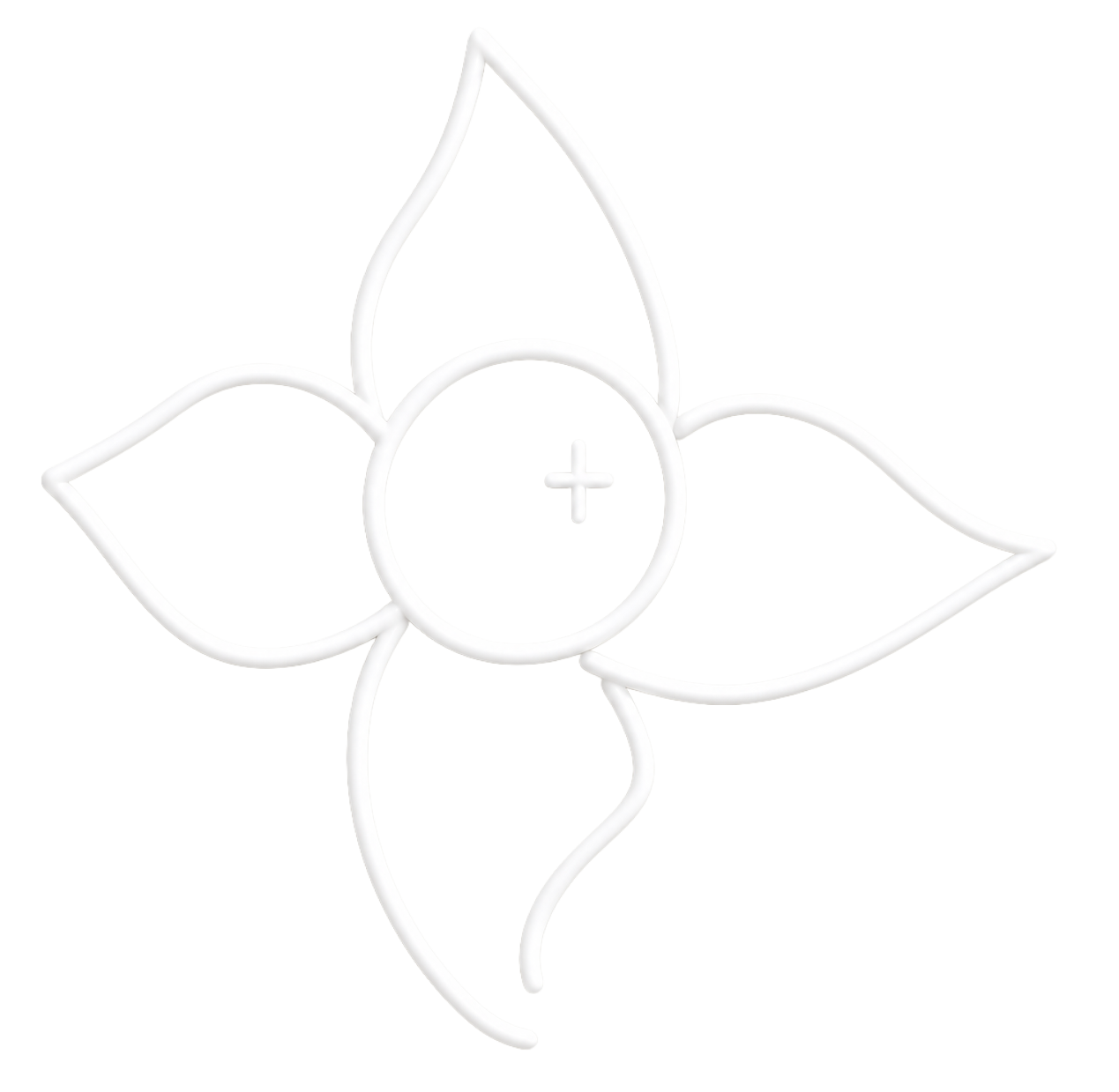 Stylized white four-petal flower icon with a central circle and plus sign