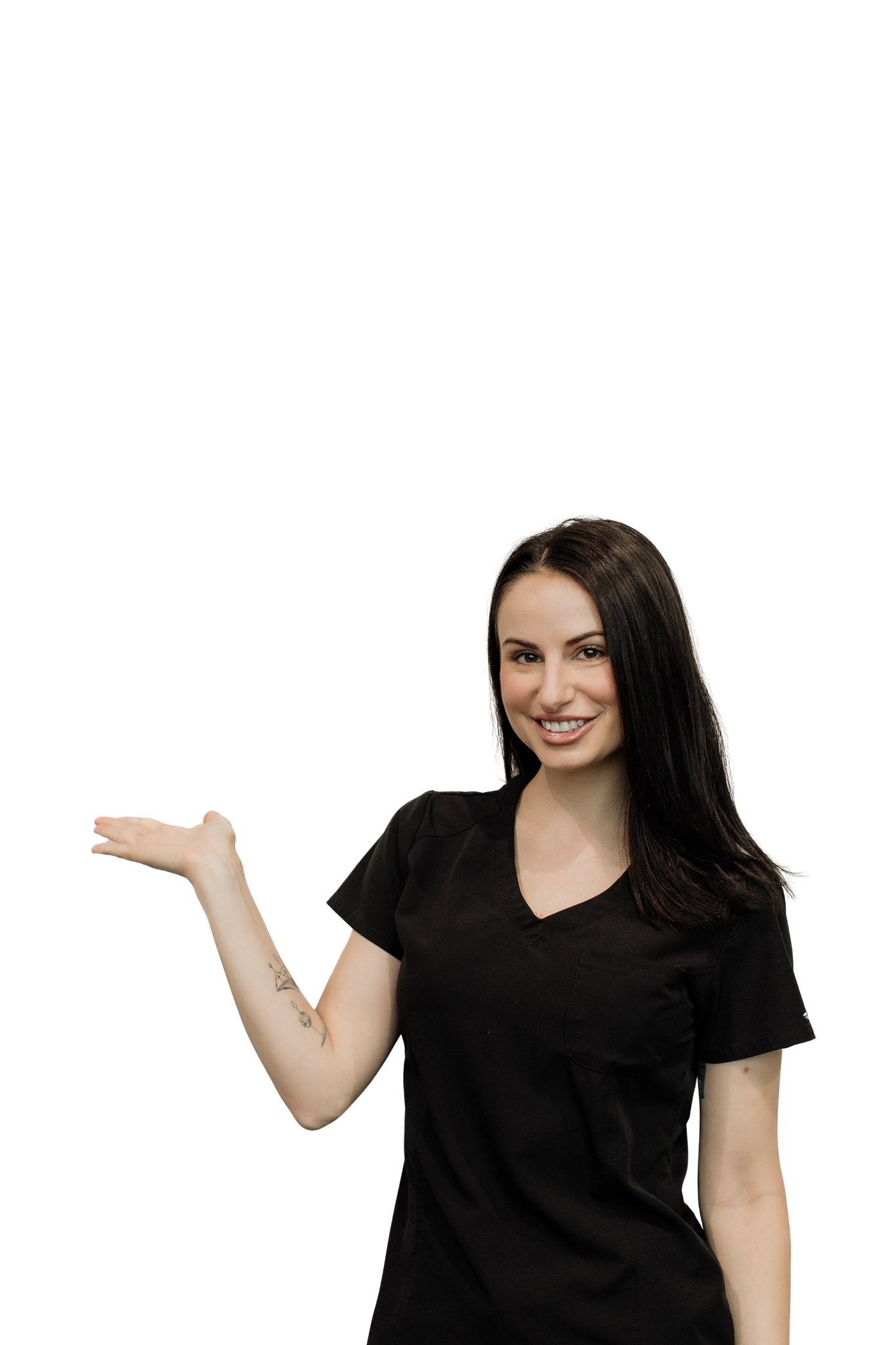 A woman with dark hair smiling, wearing a black medical uniform, gesturing to the side with her left hand.