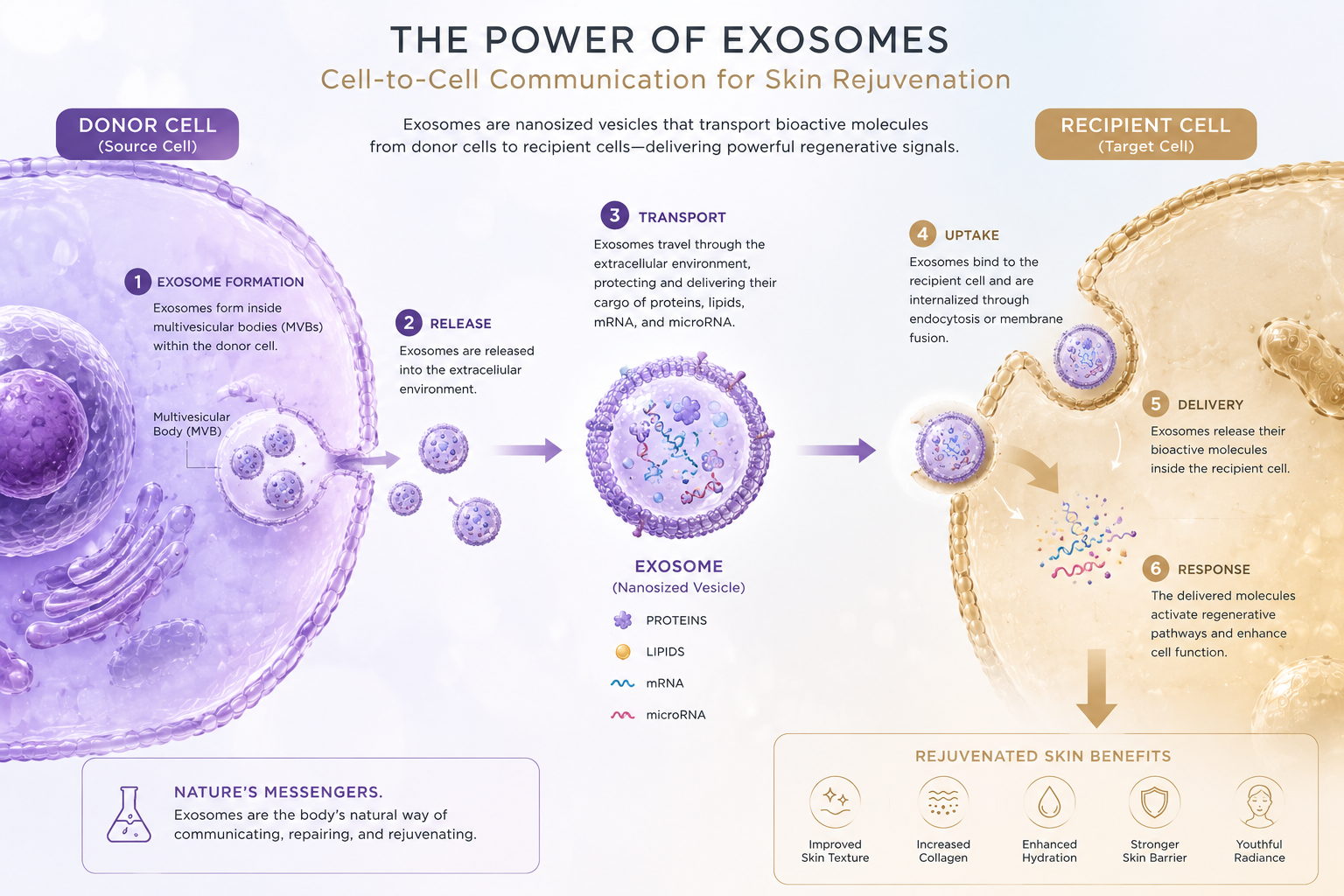 An infographic explaining the process of exosome communication for skin rejuvenation, depicting donor and recipient cells, steps of exosome formation, release, transport, uptake, delivery, and response, highlighting the components and benefits for rejuvenated skin.
