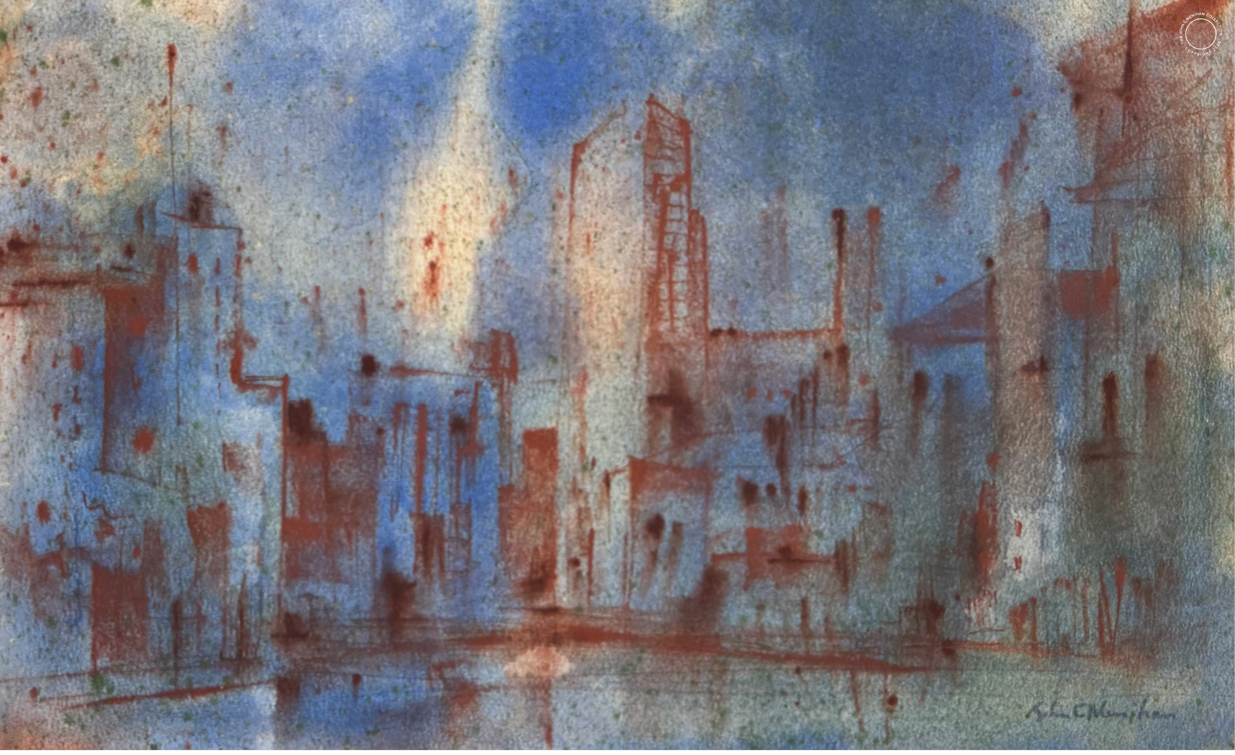  Rochester Skyline Abstract 
c. 1962 
 Watercolor  
20” X 26” – Signed 
John C. Menihan (1908–1992)  
Availability: 
• Original: In Private Collection / Available  • Limited Edition Prints: Available in editions of 50 
 TAGS: Rochester, Abstract 