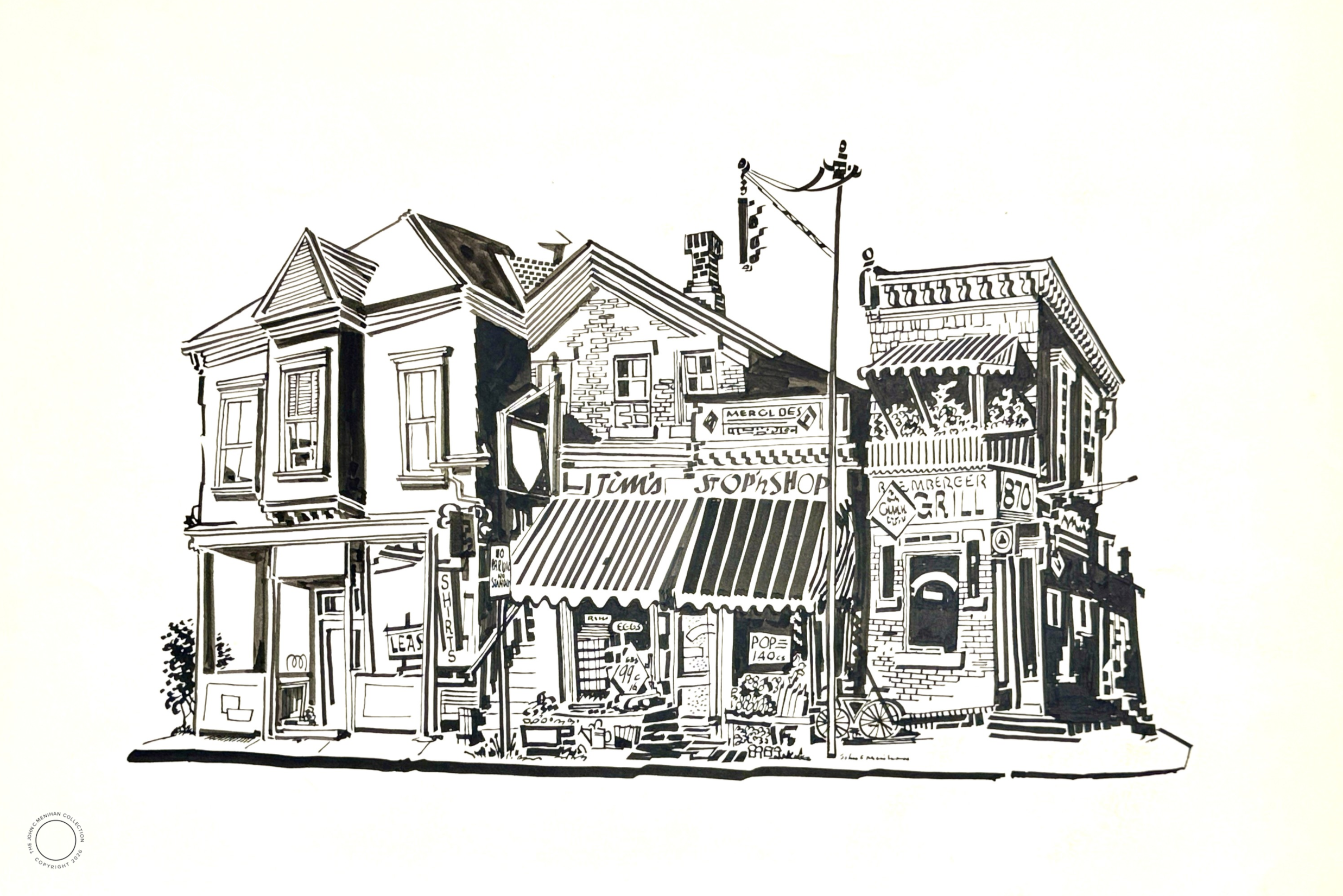  Neighborhood Shops – Rochester 
c. 1961 
 Pen &amp; Ink  
13” X 26” - Signed 
John C. Menihan (1908–1992)  
Availability: 
• Original: In Private Collection / Available 
• Limited Edition Prints: Available in editions of 50 
 TAGS: Rochester, Urban 